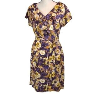 Lands’ End Ruffle V-Neck Dark Floral Cap Sleeve Waist Tie‎ Dress Size 2